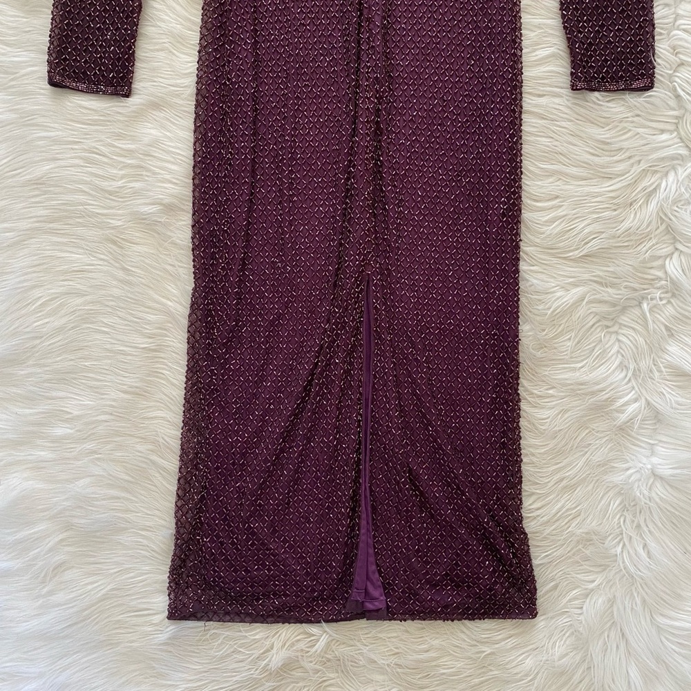 Mac Duggal Purple Plum Lattice Beaded Long Sleeve Modest Formal Midi Dress - Picture 12 of 16